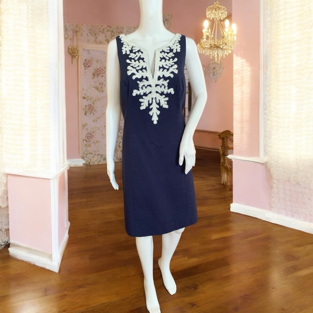 Lilly Pulitzer Navy/Wht Gabby Shift Dress with Mini Sequins & Seed Beads size 14 - Picture 2 of 4